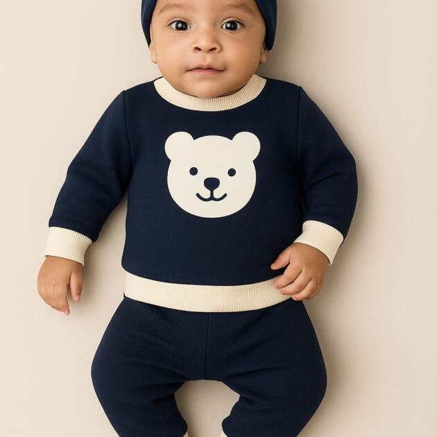 🧸 Navy Blue Bear Sweatshirt & Trouser Set (0–12 Months)