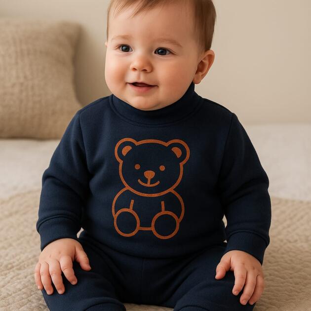 🧸 Navy Blue Teddy Sweatshirt & Trouser Set (0–12 Months)